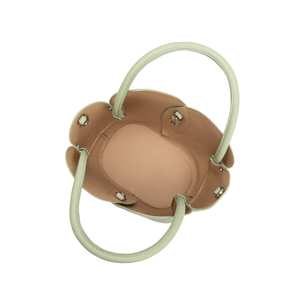 Tan handbag with white handles on a white background