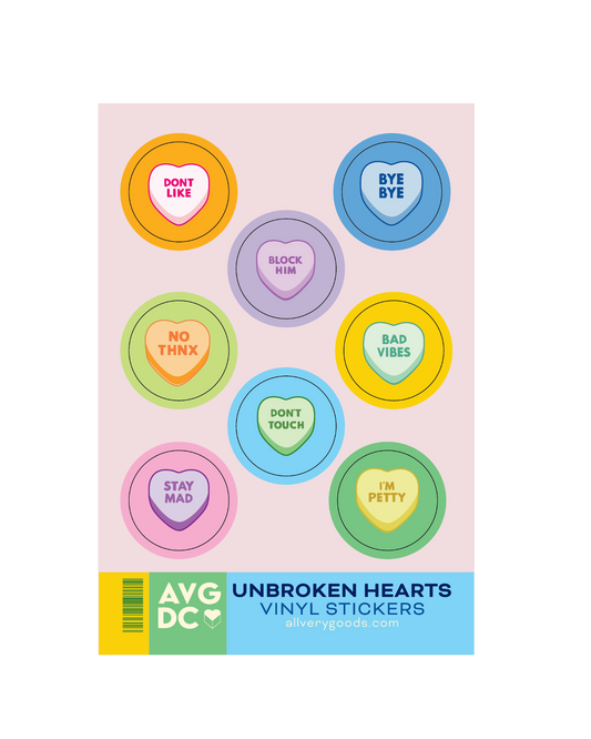Packaging of 'Unbroken Hearts' vinyl stickers with colorful heart-shaped designs and text. Unbroken Hearts Sticker Sheet