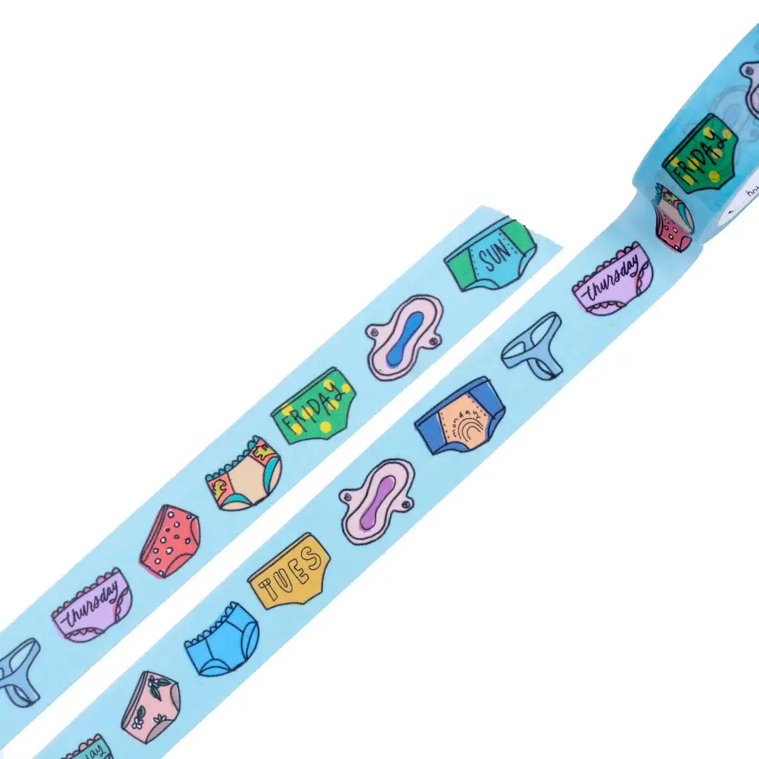 Washi tape with colorful illustrations of underwear and days of the week on a light blue background