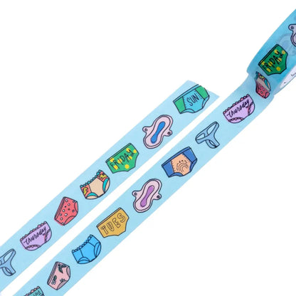 Washi tape with colorful illustrations of underwear and days of the week on a light blue background