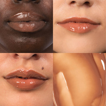 Collage of close-up images of lips with different skin tones and a lip gloss sample.