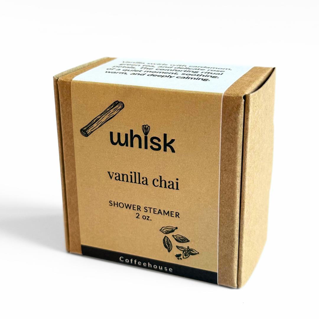 Box of whisk vanilla chai shower steamer on a white background