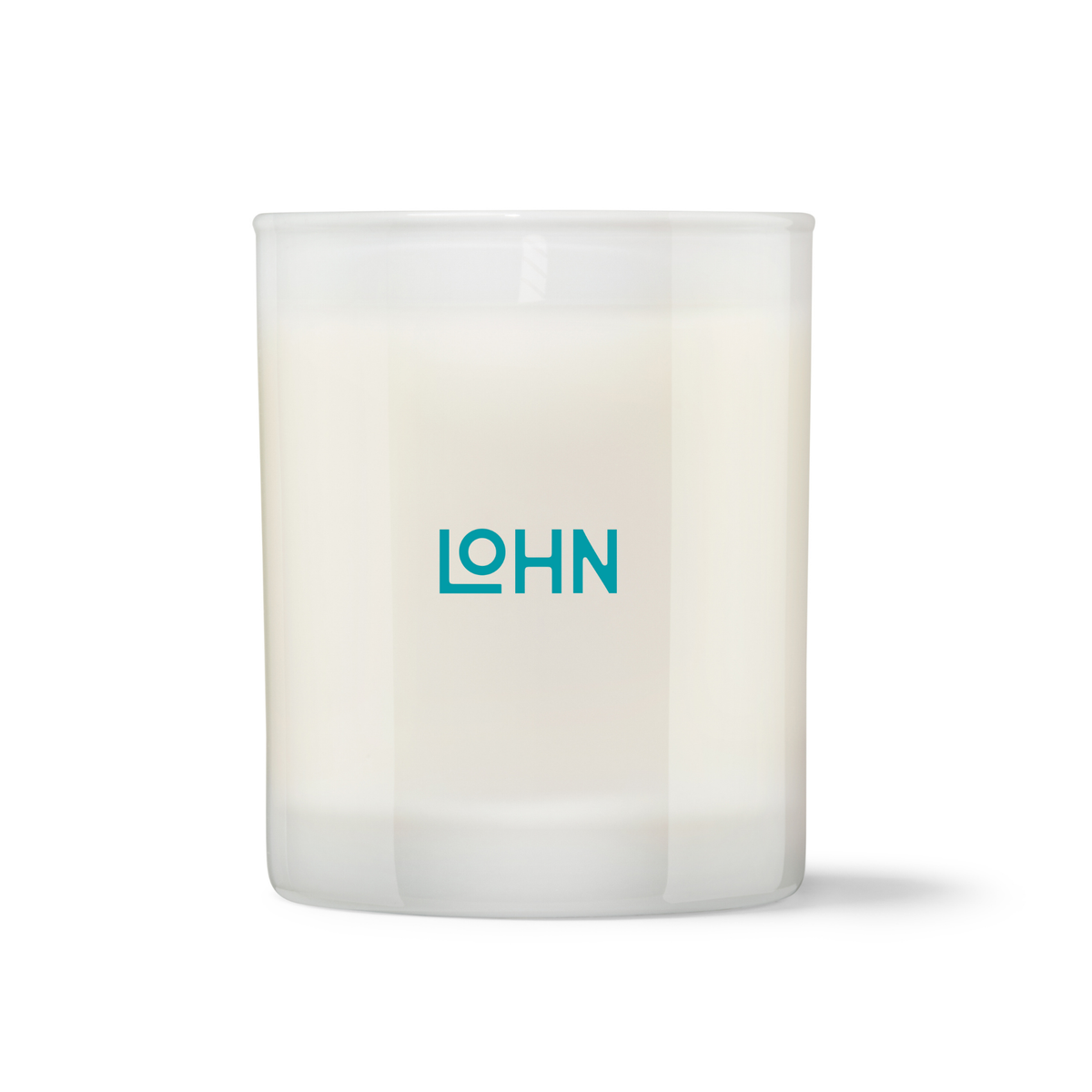 A frosted glass jar candle with white wax and a teal 'LOHN' logo printed on the front, set against a plain white background.