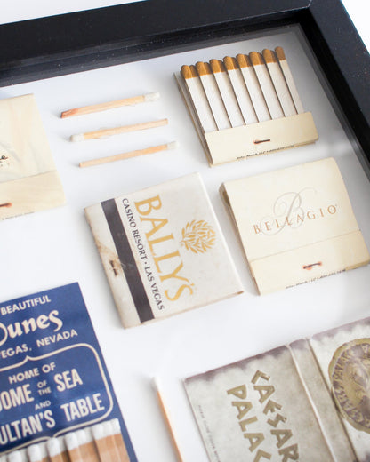 Collection of branded matchbooks with various casinos' names on a white background.
