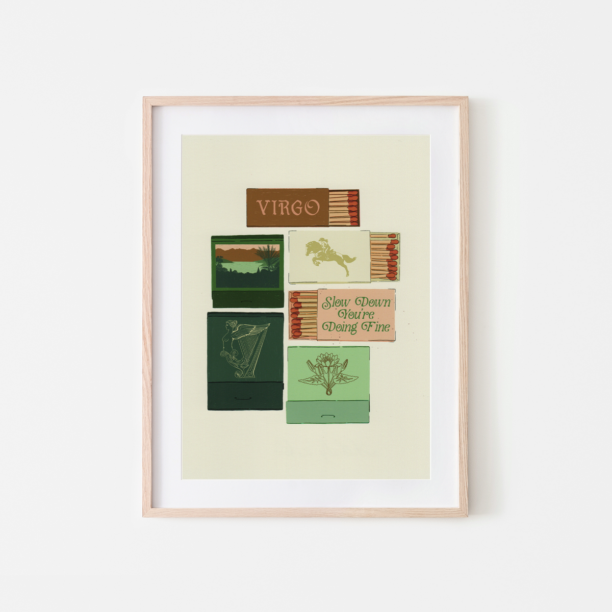 A framed art print featuring vintage matchbox illustrations with Celtic-themed text such as 'VIRGO' and 'Sow Down Grasses Young Pine,' displayed against a clean white background.
