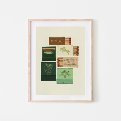 A framed art print featuring vintage matchbox illustrations with Celtic-themed text such as 'VIRGO' and 'Sow Down Grasses Young Pine,' displayed against a clean white background.