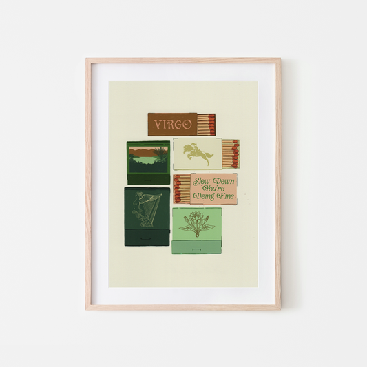 A framed art print featuring vintage matchbox illustrations with Celtic-themed text such as 'VIRGO' and 'Sow Down Grasses Young Pine,' displayed against a clean white background.