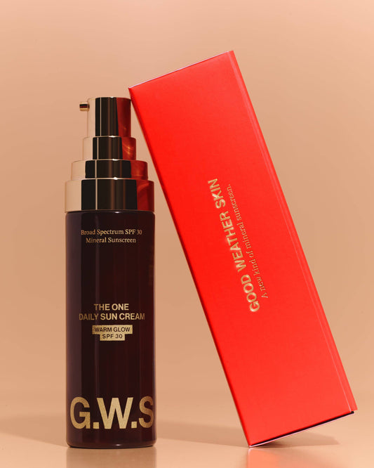 GWS sun cream bottle with red box on a beige background