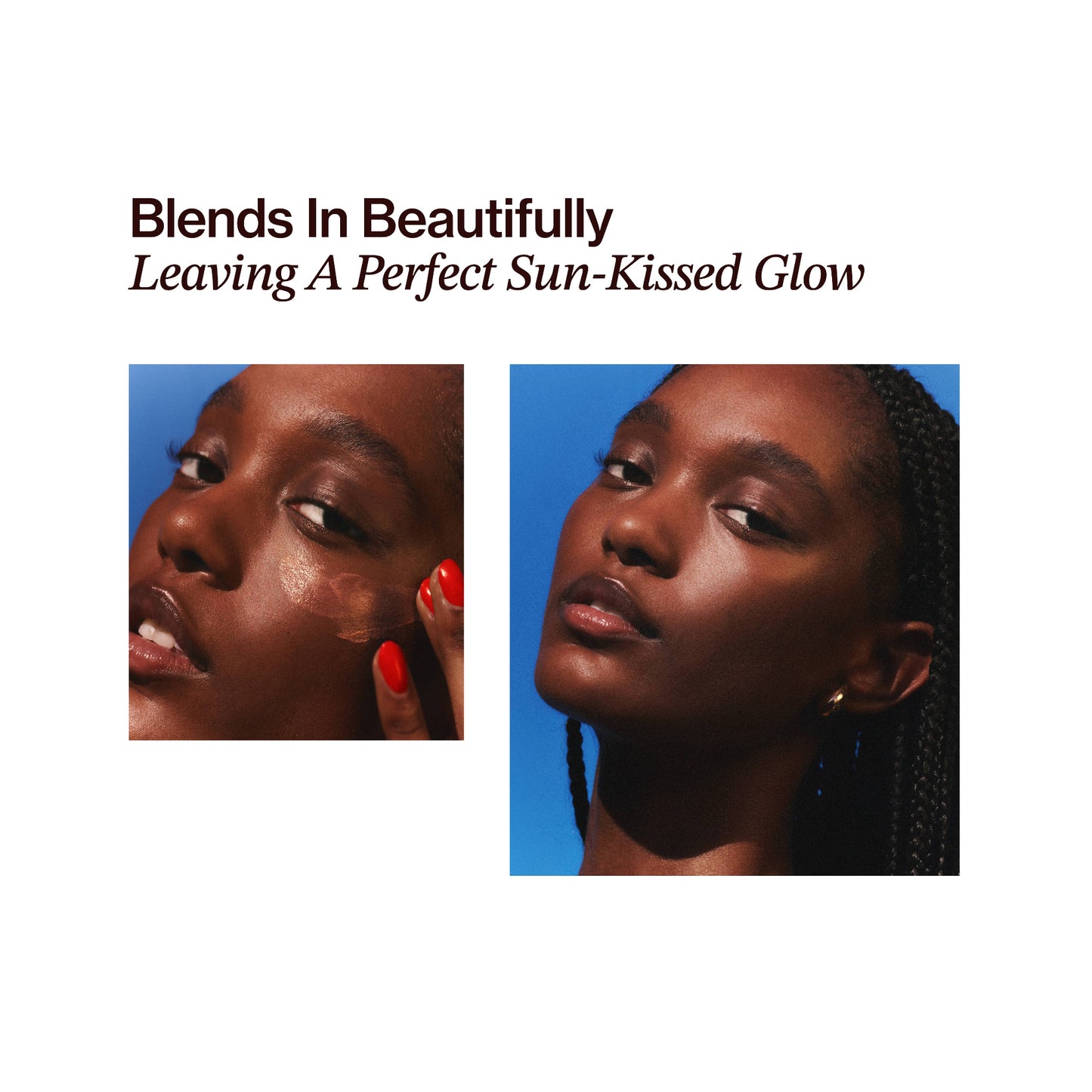 Advertisement for a cosmetic product with two women and text about blending and sun-kissed glow.