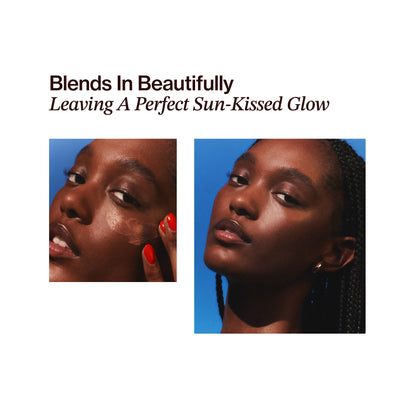 Advertisement for a cosmetic product with two women and text about blending and sun-kissed glow.