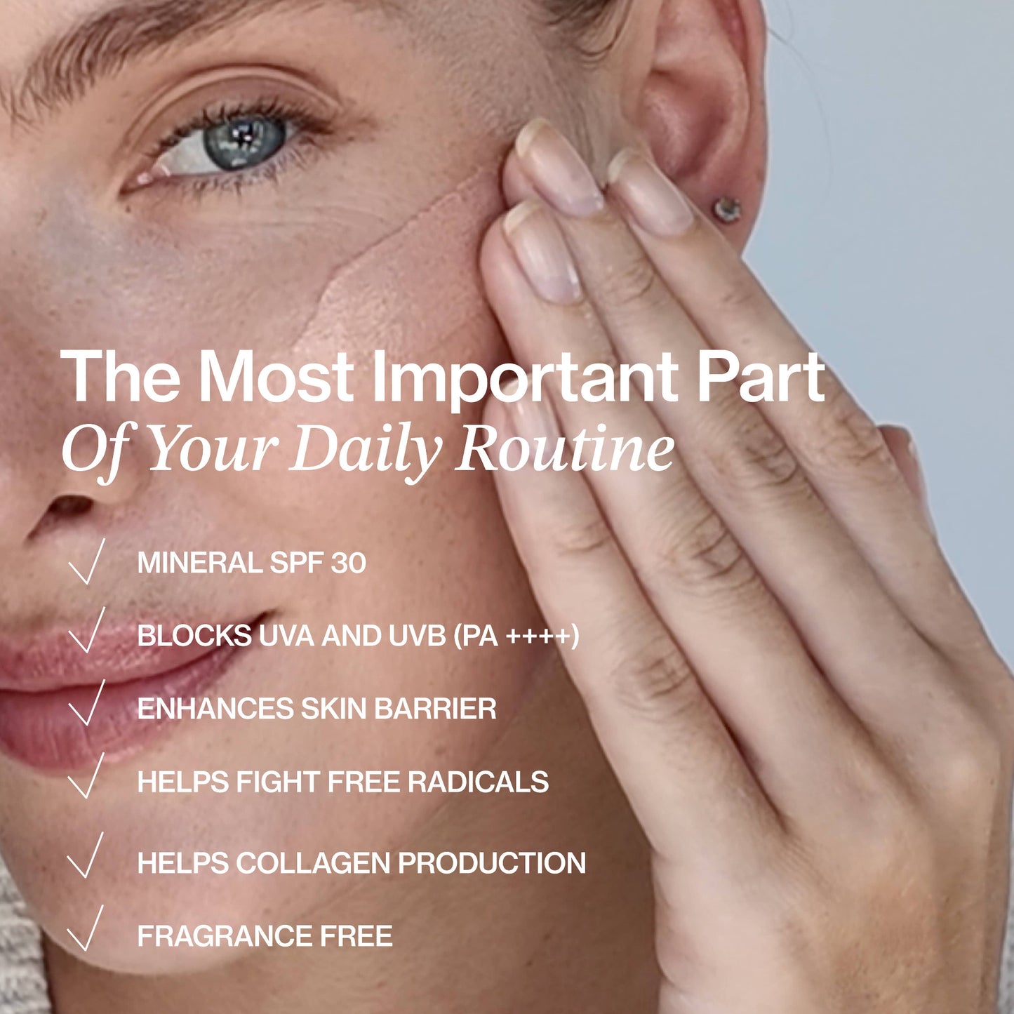 Woman applying sunscreen with text about its benefits on a light background