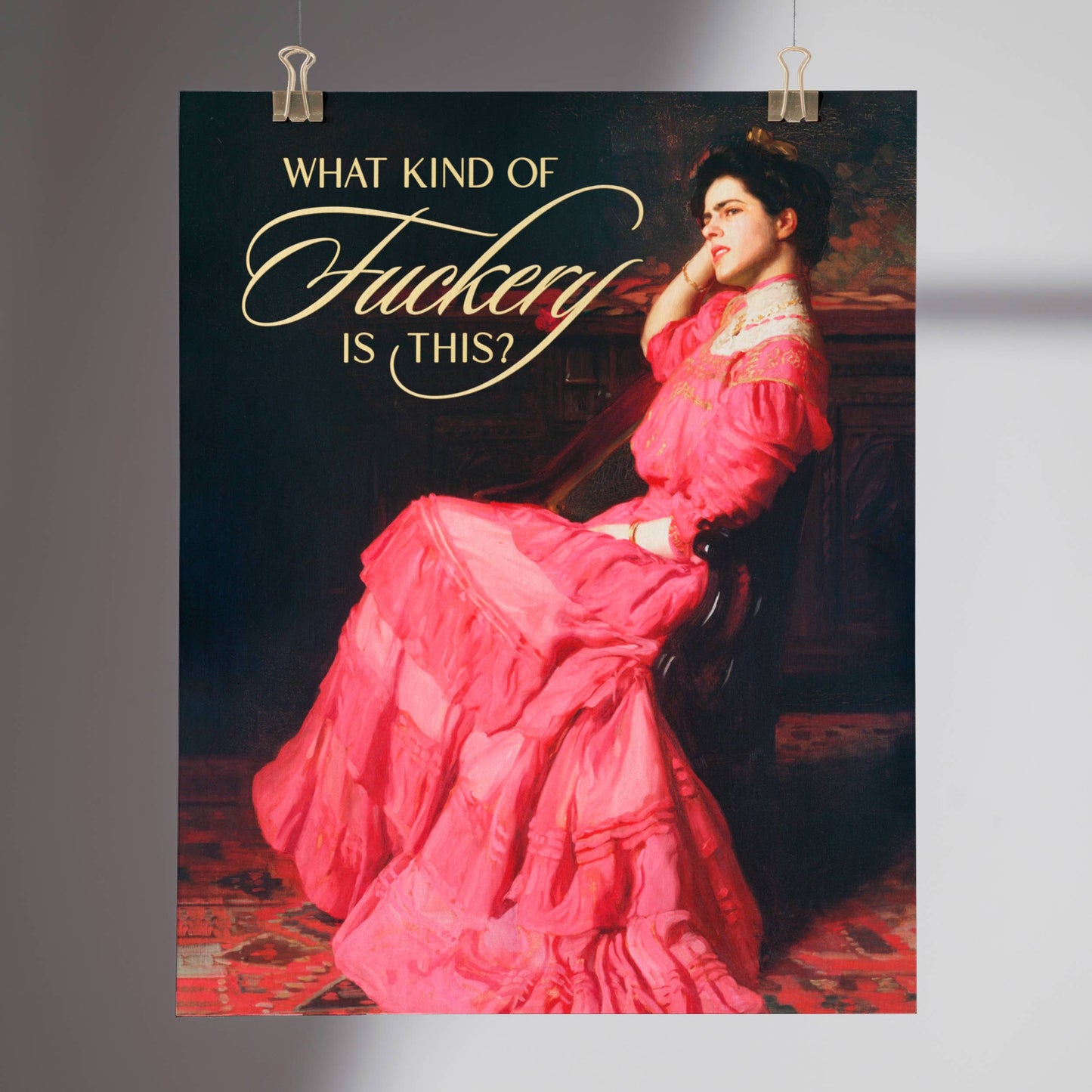 Poster with a woman in a pink dress and text on a dark background