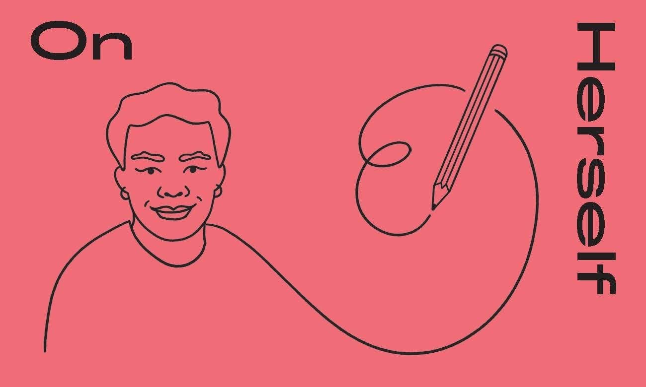 Illustration of a person with a pencil and circle on a pink background with 'On Herself' text.