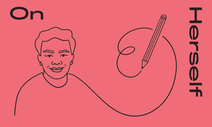 Illustration of a person with a pencil and circle on a pink background with 'On Herself' text.