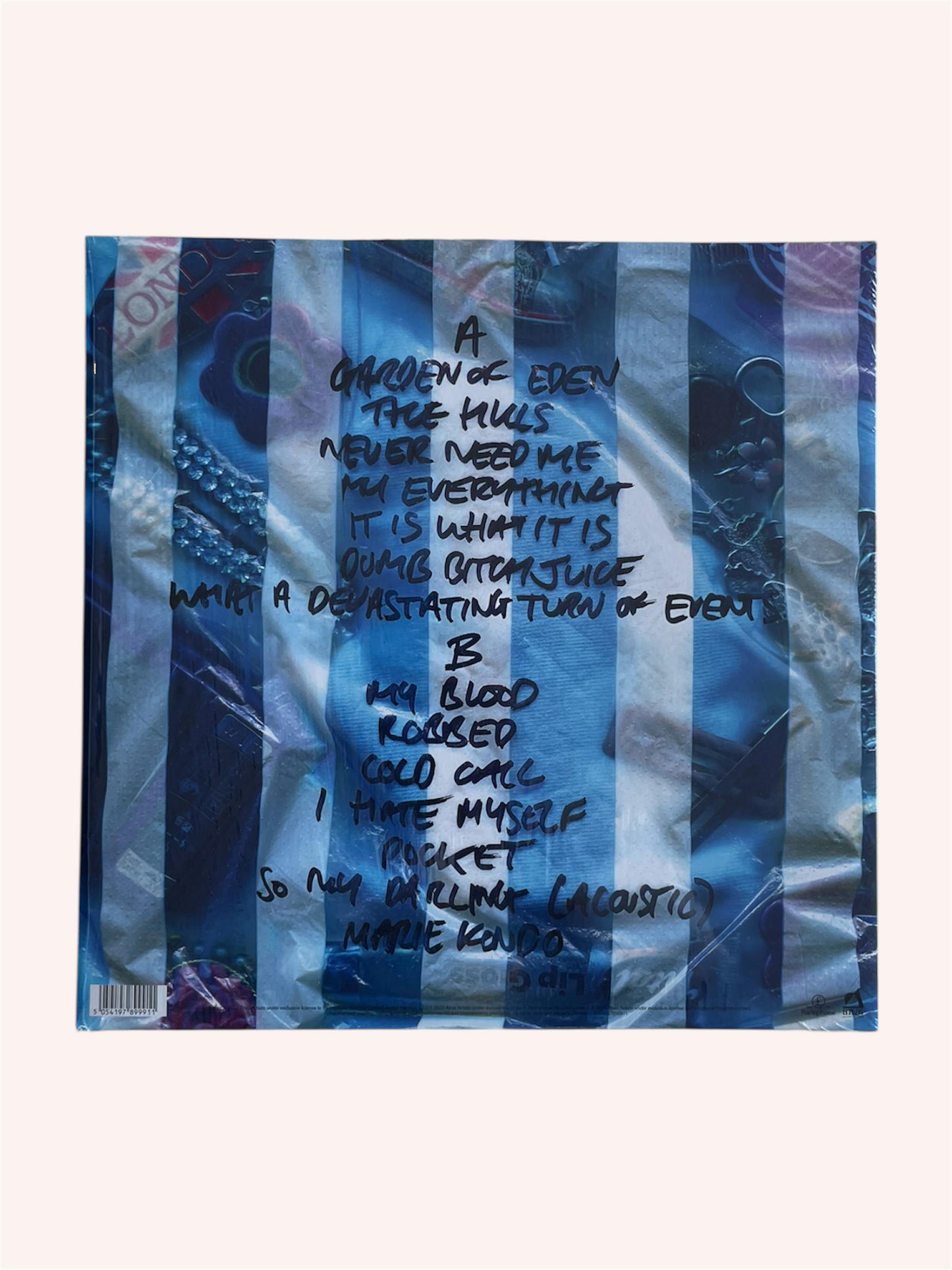 Vinyl record with text on a blue and white striped background, What a Devastating Turn of Events - Rachel Chinouriri