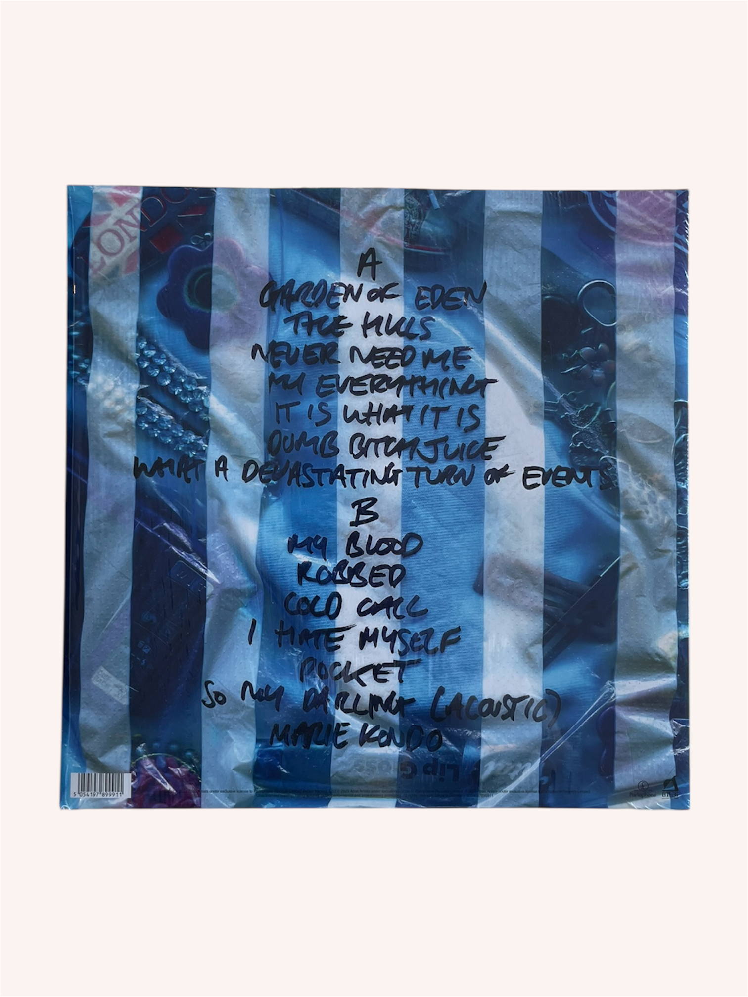 Vinyl record with text on a blue and white striped background, What a Devastating Turn of Events - Rachel Chinouriri