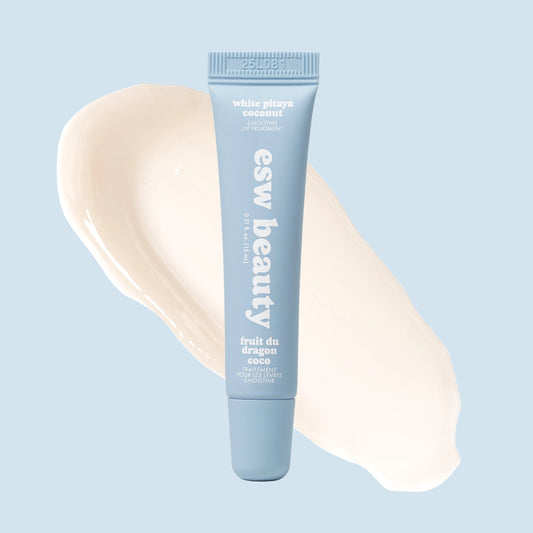 Blue tube of ESW Beauty product on a light blue background