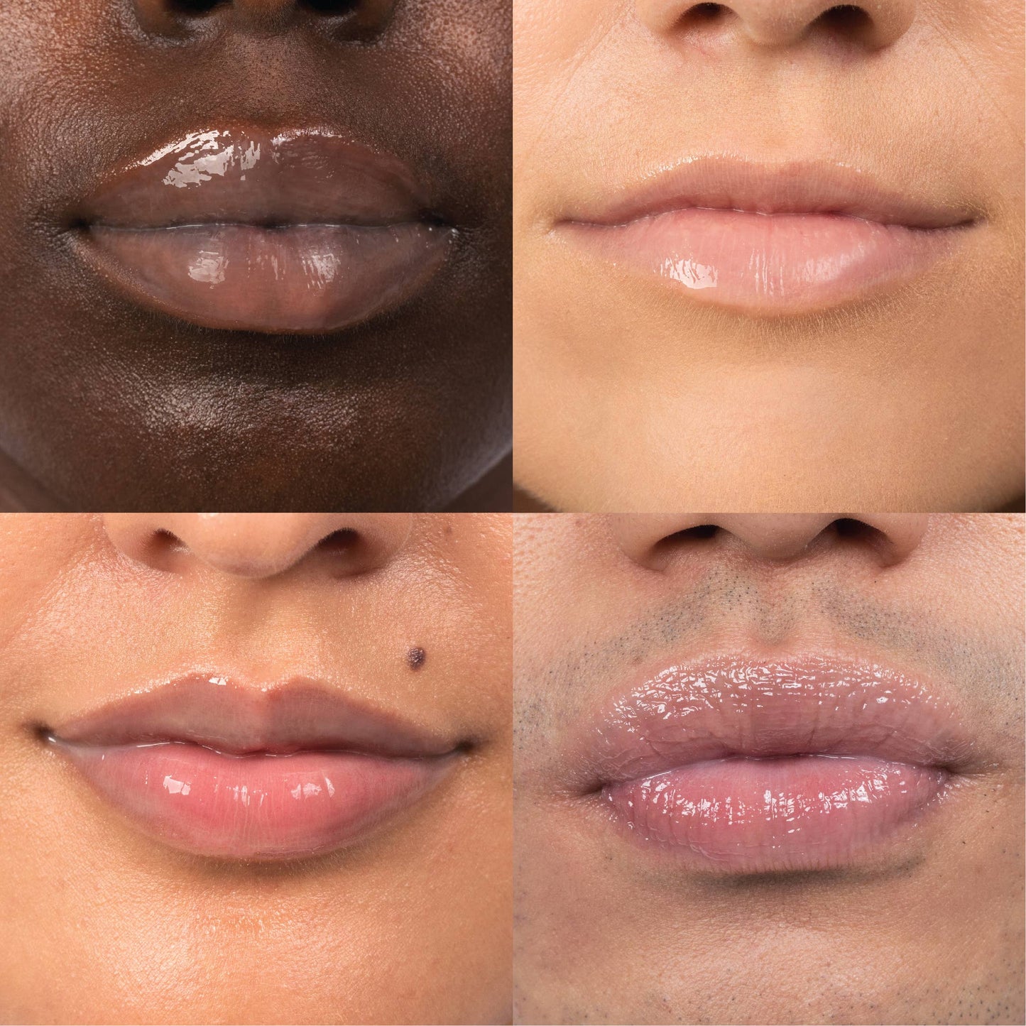 Four close-up images of lips with different skin tones and lip colors.