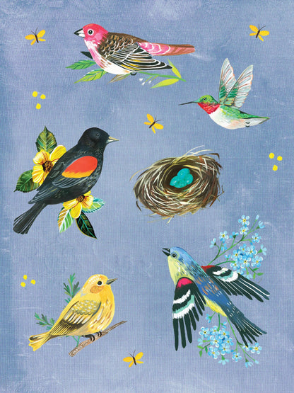 Illustration of various birds, flowers, and a nest on a blue background