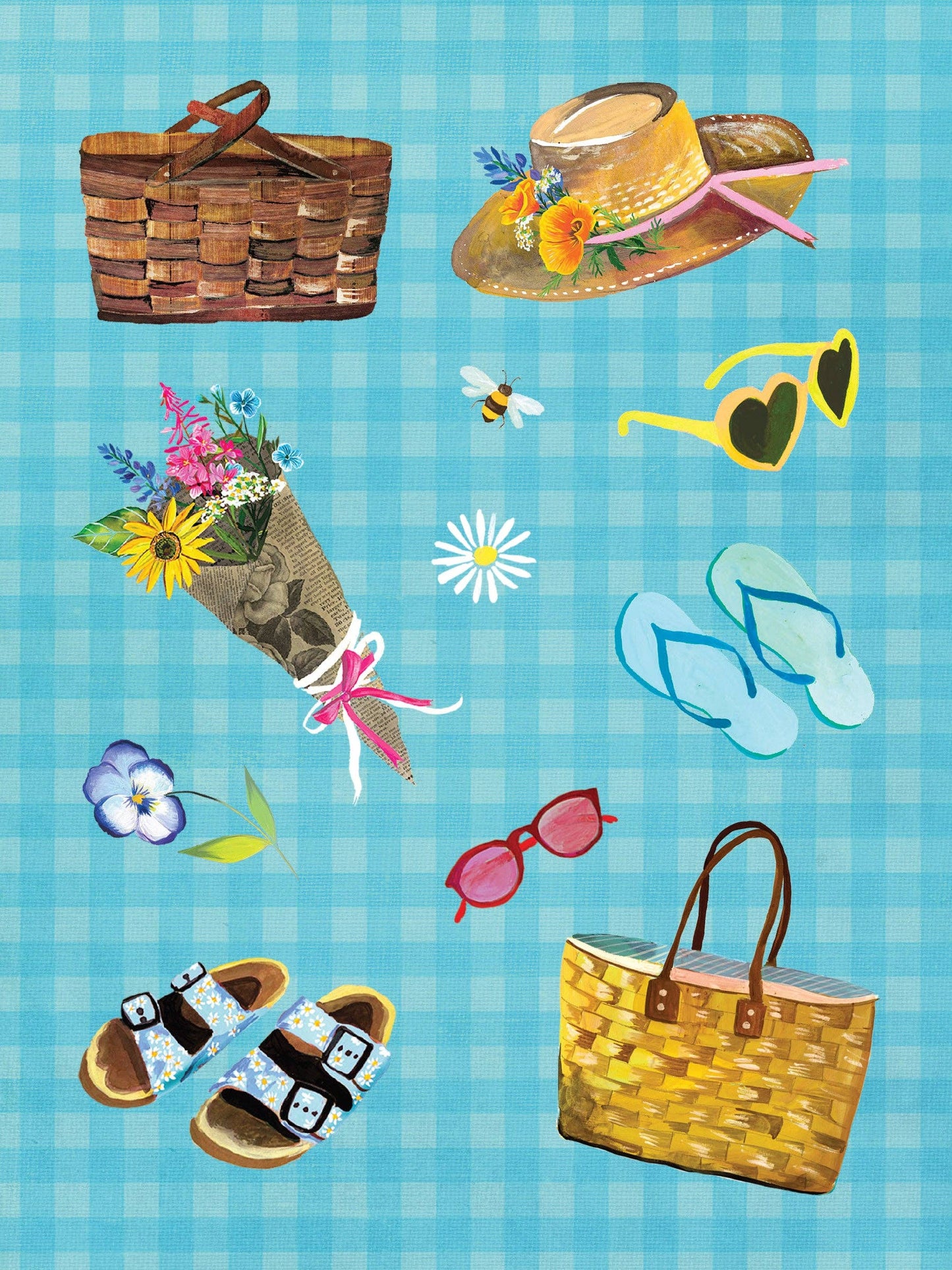 Collection of summer-themed items including a picnic basket, hat with flowers, sunglasses, sandals, and a bouquet on a blue checkered background.