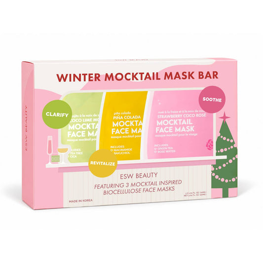 EWS Beauty Winter Mocktail Mask Bar box containing three biocellulose face masks: Clarify, Revitalize, and Soothe, in a pink holiday-themed packaging with illustrations of a Christmas tree and colorful labels.