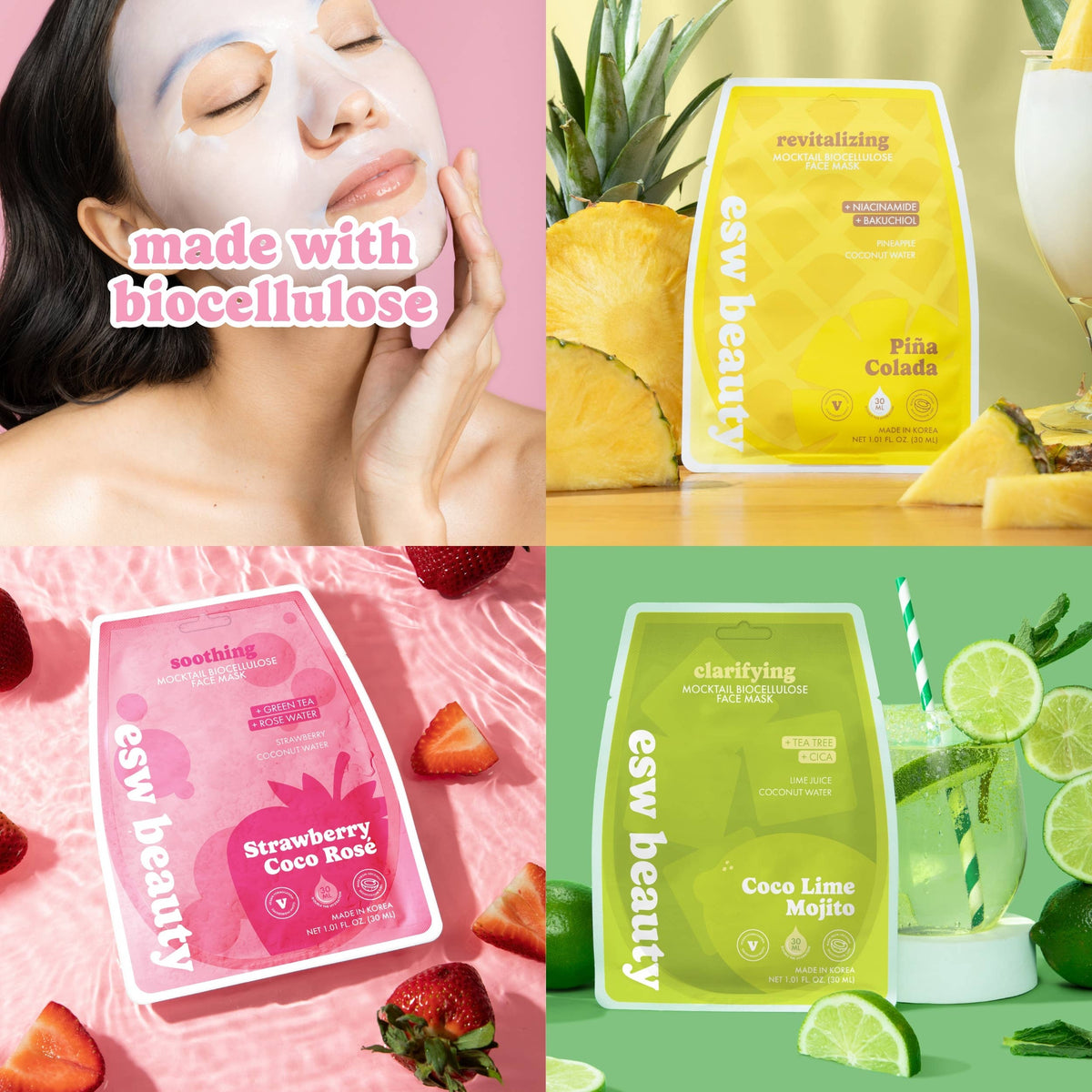 Collage of Esw Beauty products including a face mask, pineapple, strawberry, and lime.