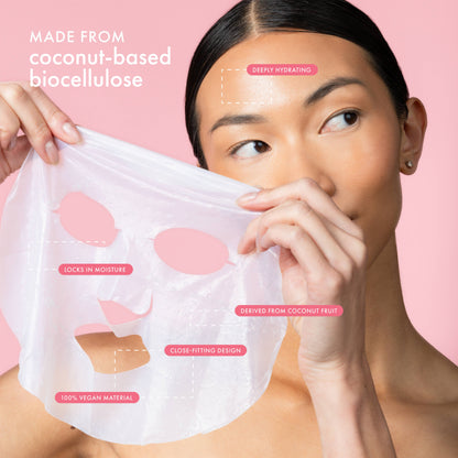 Woman holding a biocellulose sheet mask with text on a pink background