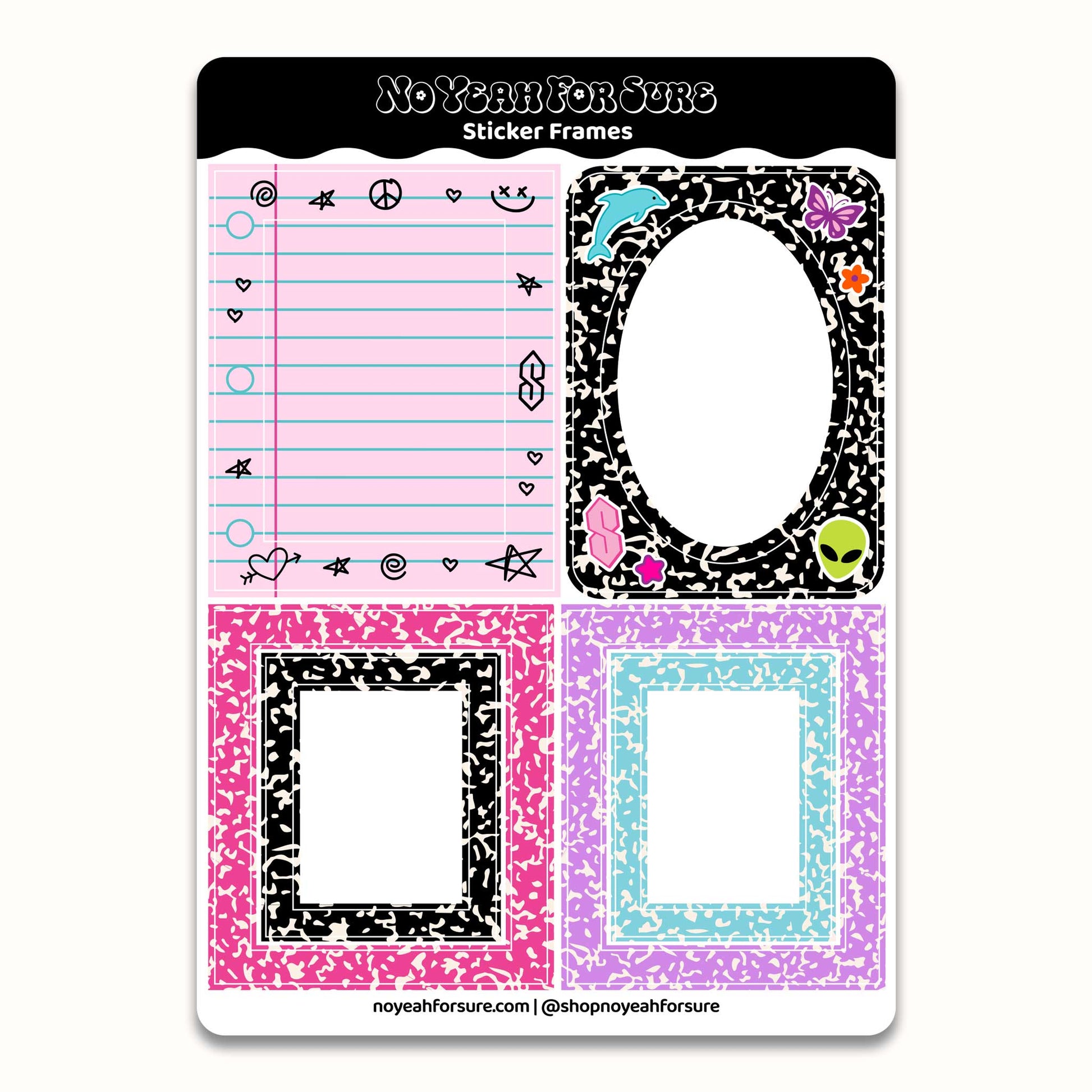 Sticker frames with various designs on a white background