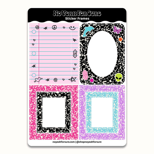 Sticker frames with various designs on a white background