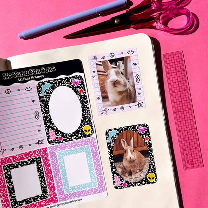 A styled flat-lay of a bullet journal planner page featuring Easter-themed stickers, including bunny photo inserts and patterned frames, with a pen, scissors, and ruler on a bright pink background.