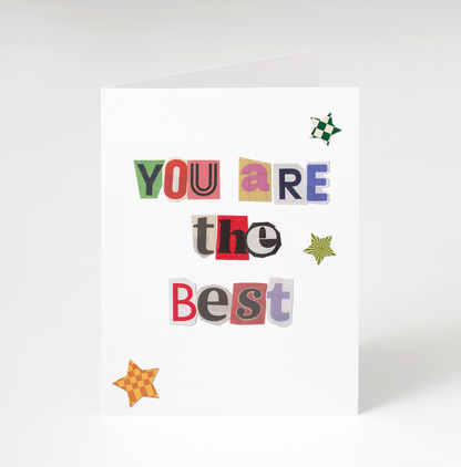 Card with colorful cut-out letters spelling 'YOU ARE THE BEST' on a white background