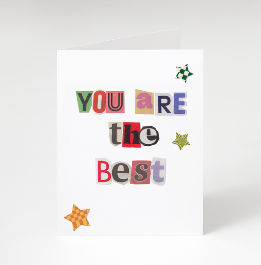 Card with colorful cut-out letters spelling 'YOU ARE THE BEST' on a white background