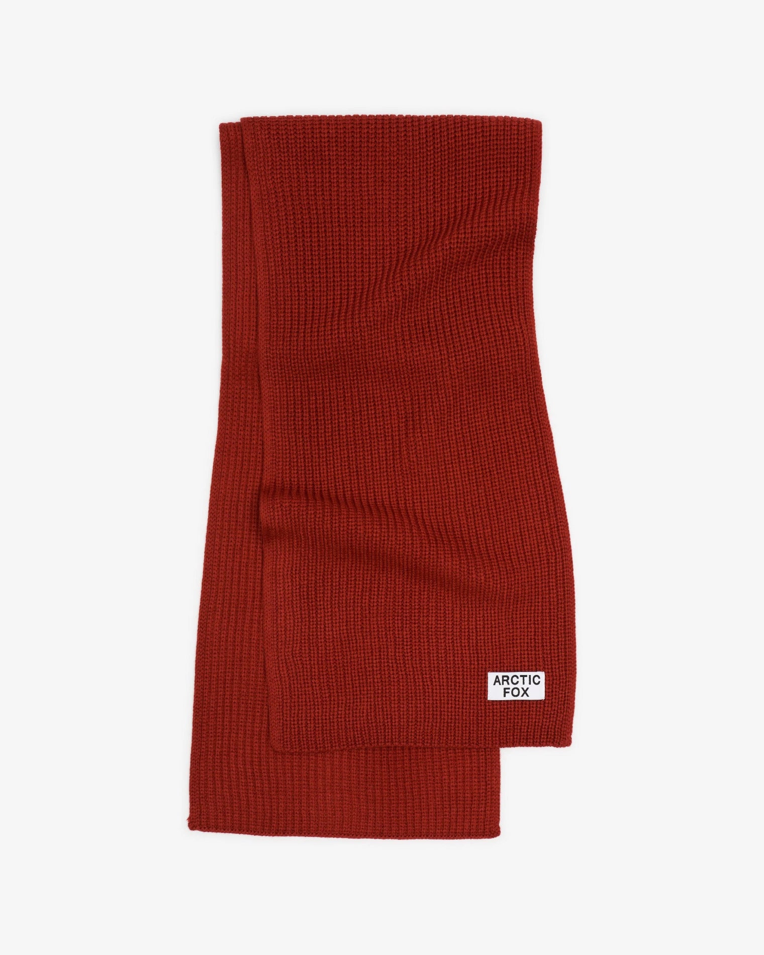 Red ribbed knit scarf with a brand label on a white background, Terracotta Knitted Recycled Bottle Scarf