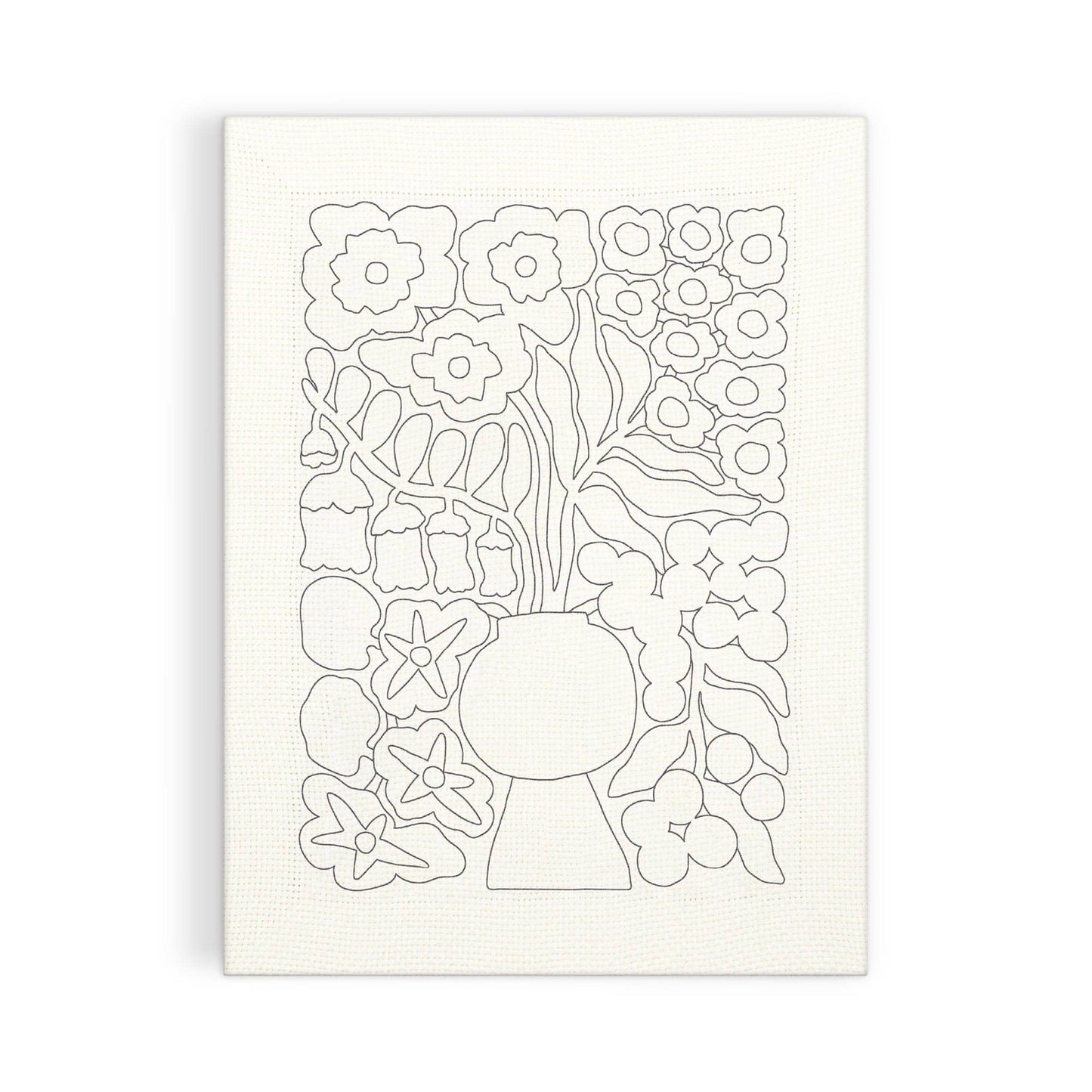 Black line drawing of a vase with flowers on a white background