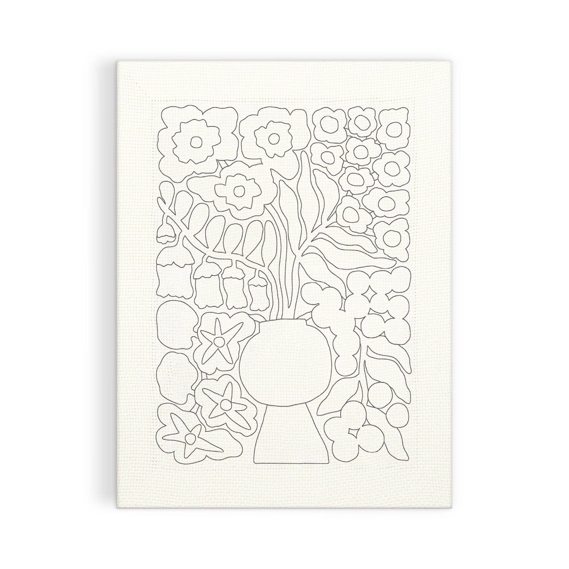 Black line drawing of a vase with flowers on a white background