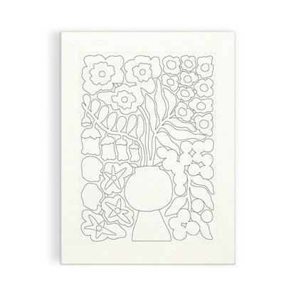 Black line drawing of a vase with flowers on a white background