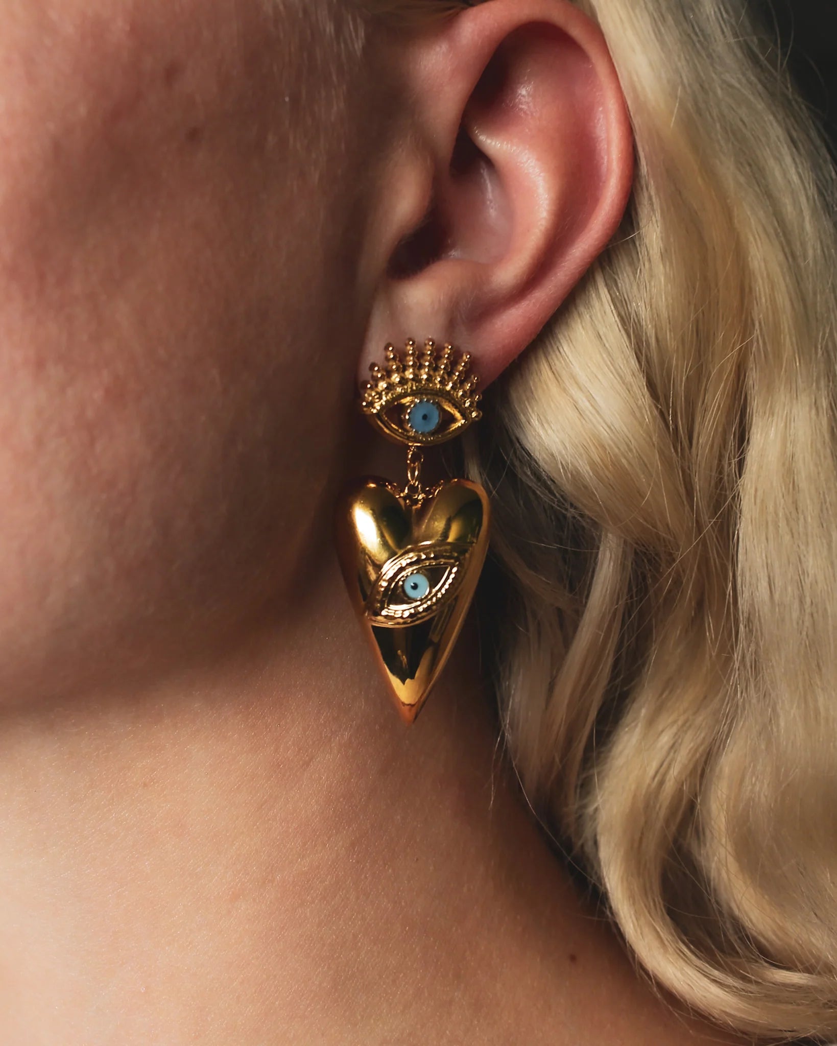 Iris Dangly Blue Eye Heart Shaped Earrings