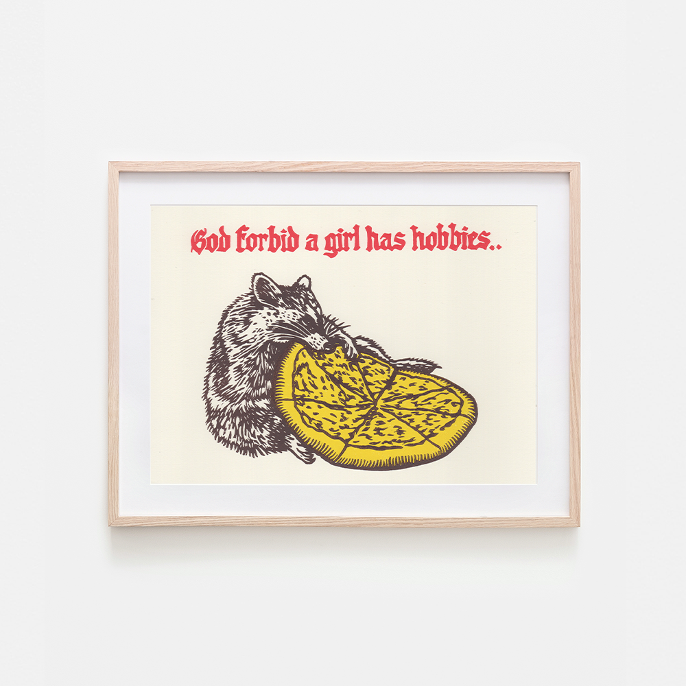 Girl Hobbies Raccoon Linocut Art Print