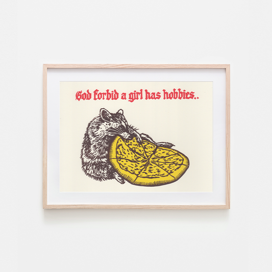 Girl Hobbies Raccoon Linocut Art Print