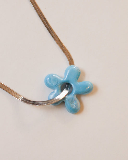Herringbone and Blue Flower Pendant Necklace