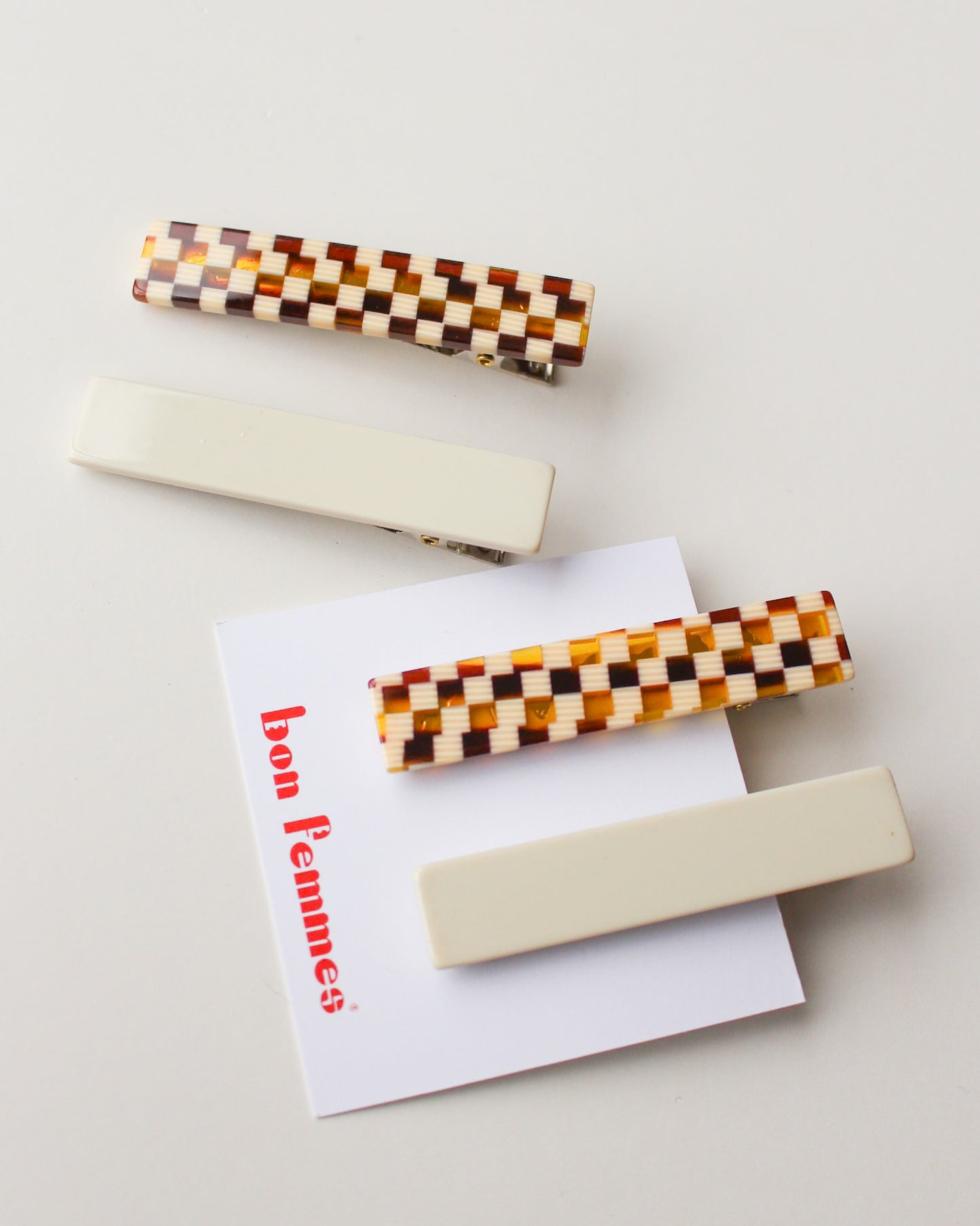 Femmes Hair Clip Set in Brown Checkered + Cream