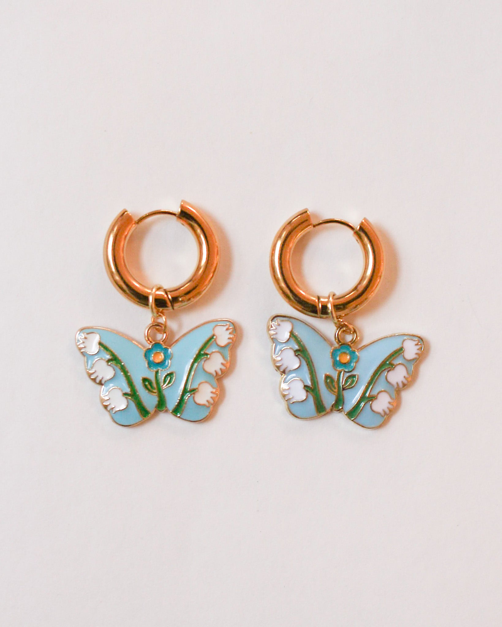 Blue Butterfly Gold Hoop Earrings