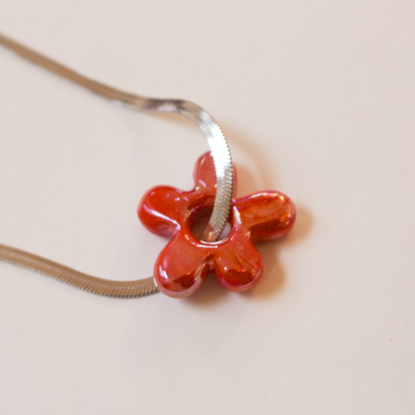 Herringbone and Red Flower Pendant Necklace