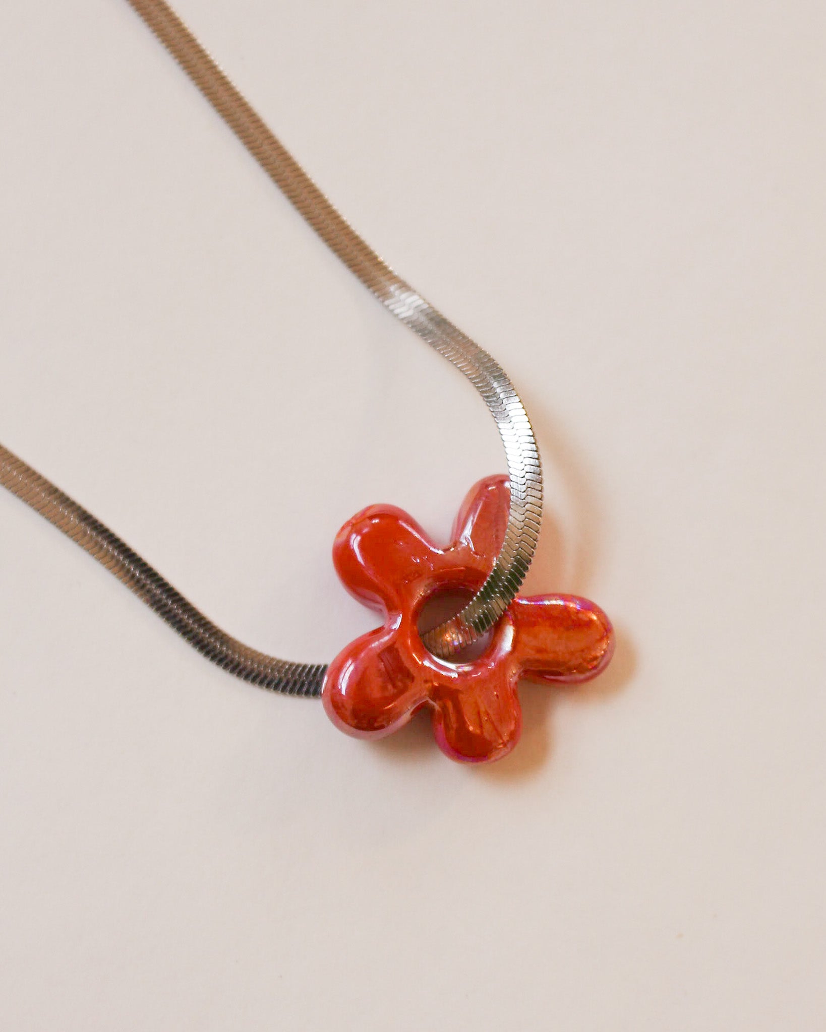 Herringbone and Red Flower Pendant Necklace