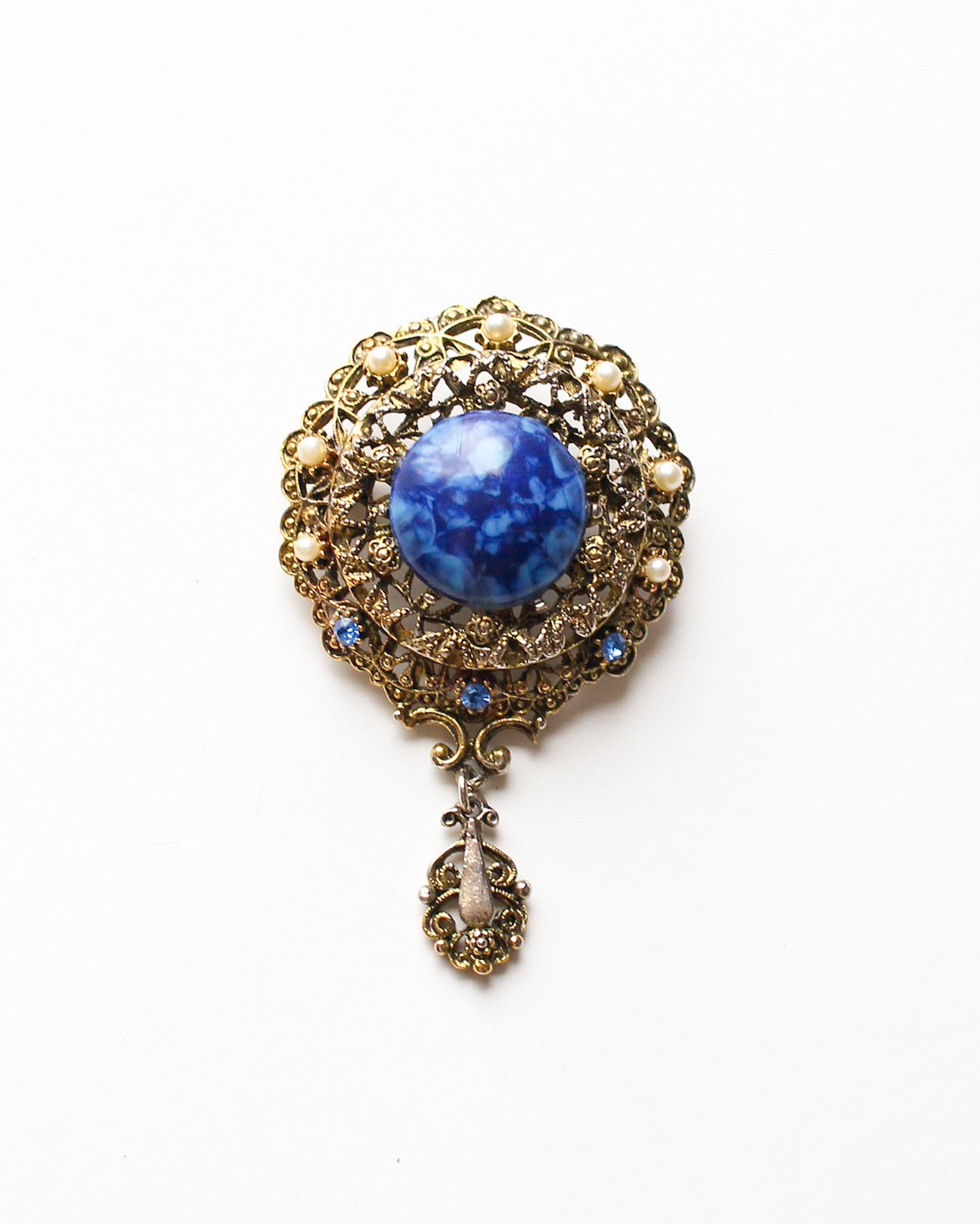 Gold Ornate Blue Stone Brooch