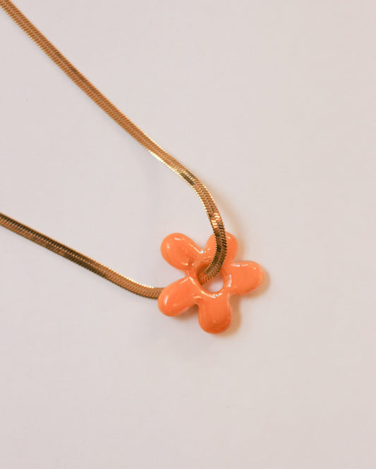 Herringbone and Orange Flower Pendant Necklace