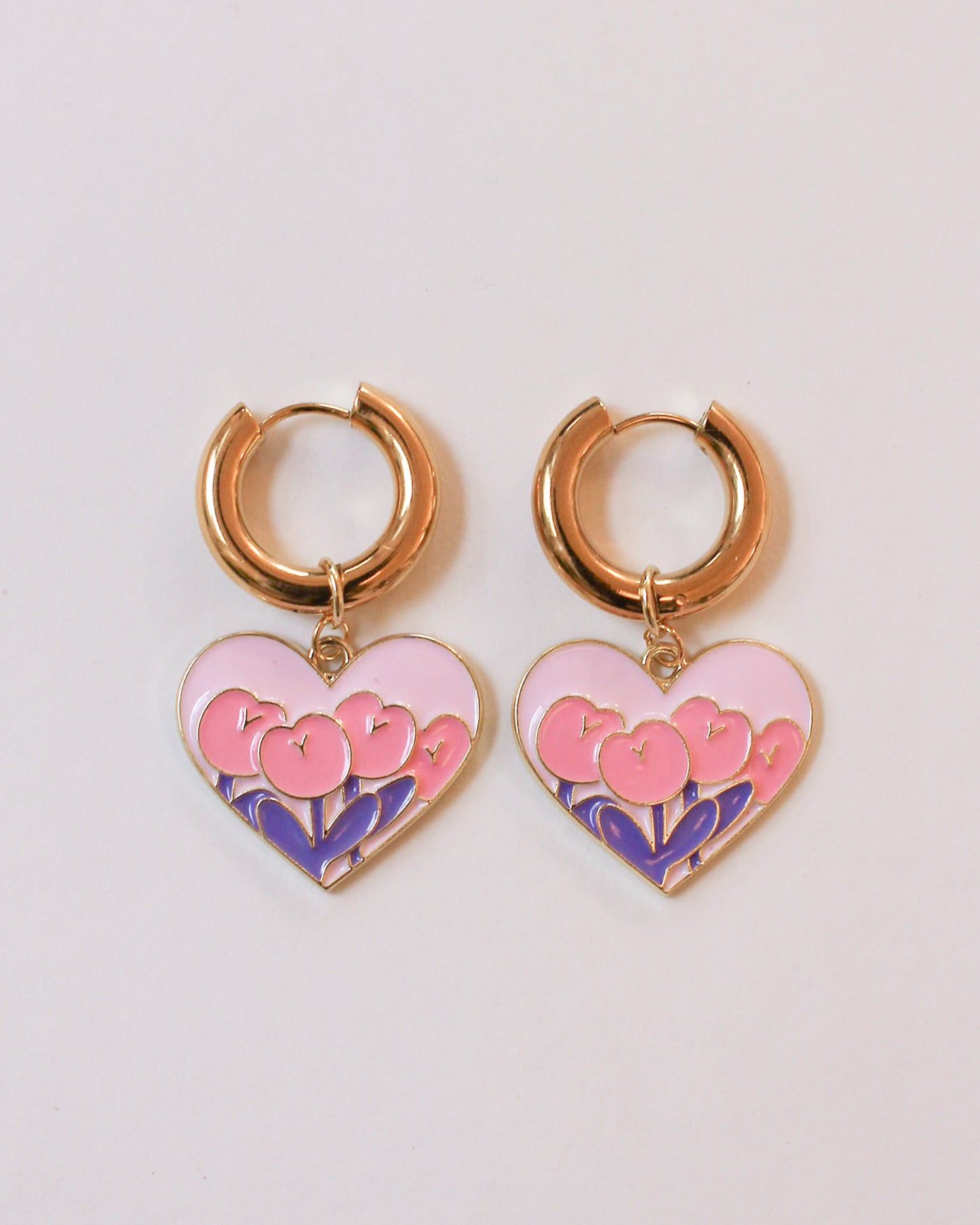 Pink Enamel Heart Gold Hoop Earrings