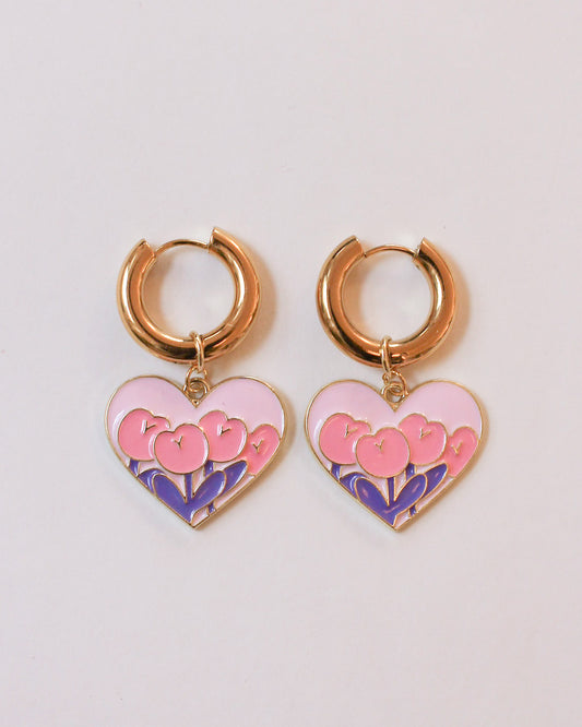 Pink Enamel Heart Gold Hoop Earrings