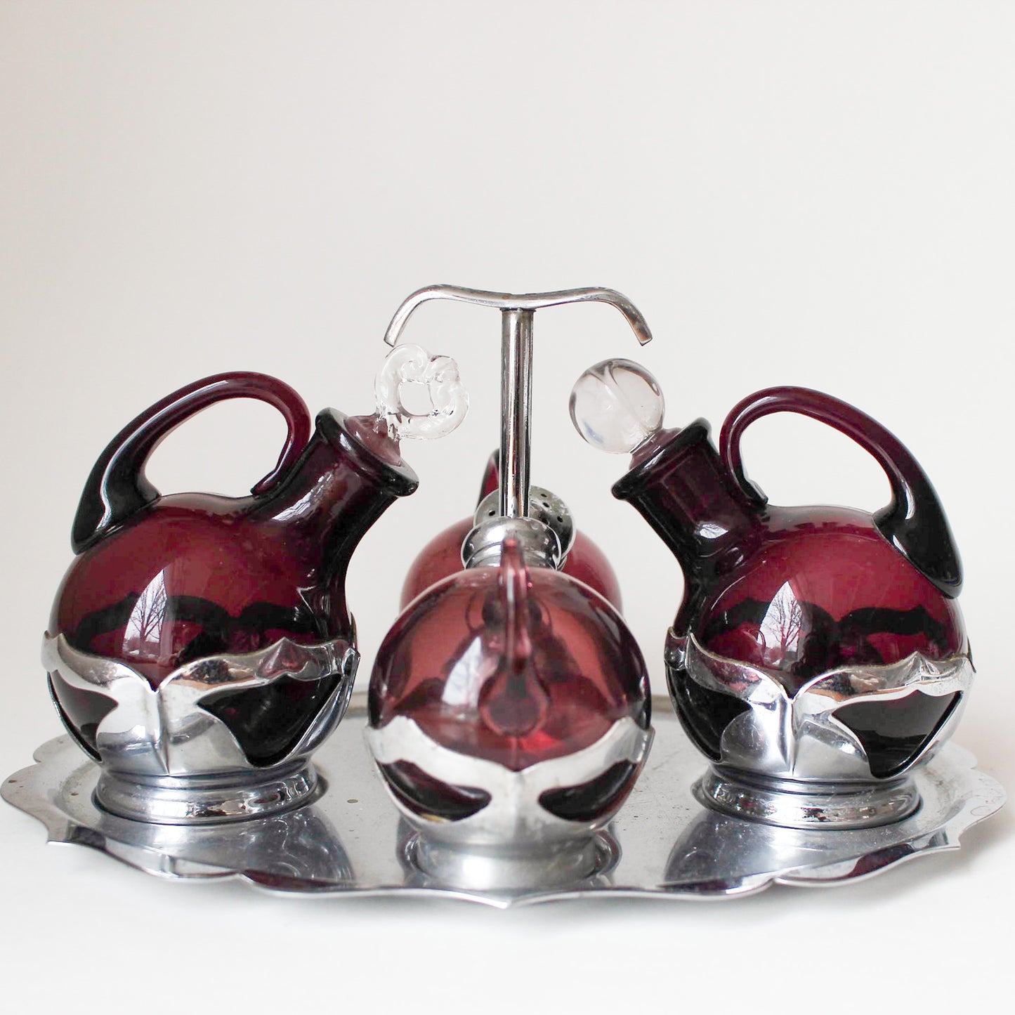 Farber Bros/Cambridge Glass Krome Kraft Salt & Pepper Shaker and Oil & Vinegar Set