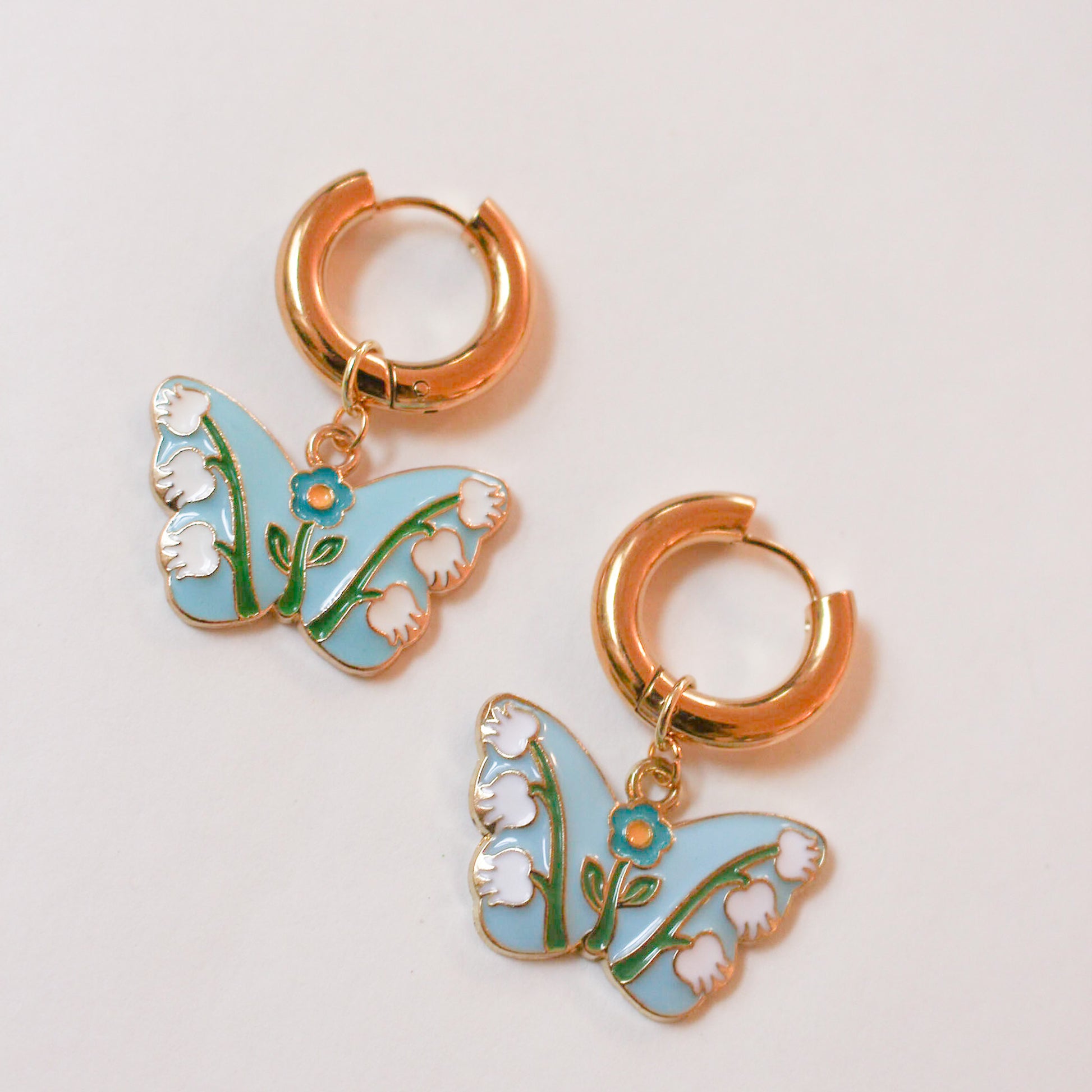 Blue Butterfly Gold Hoop Earrings